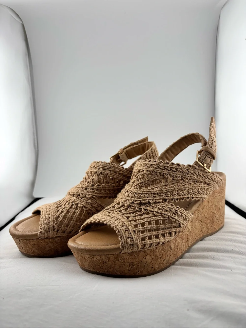 Maurices Tan Crochet Cork Platform Wedges